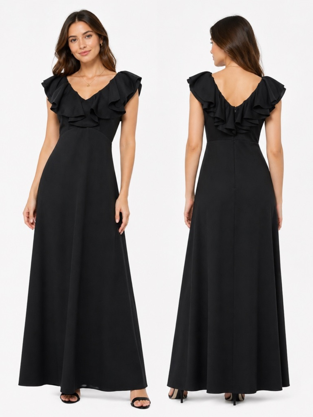 Vintage 70s Black Ruffle Neck Maxi Dress Boho‎ Formal Whimsigoth S/M